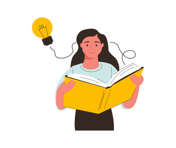 新的创意理念和创新理念。年轻微笑的女人卡通人物坐在阅读大书。图片下载