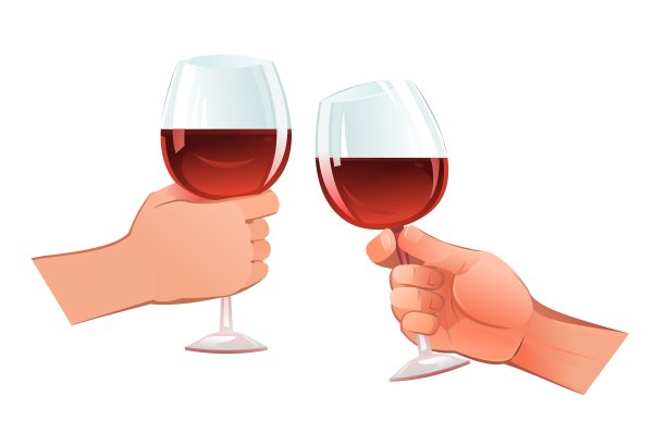 手握叮当作响的红酒杯。对象孤立在白色背景上。有趣的卡通风格。向量图片下载