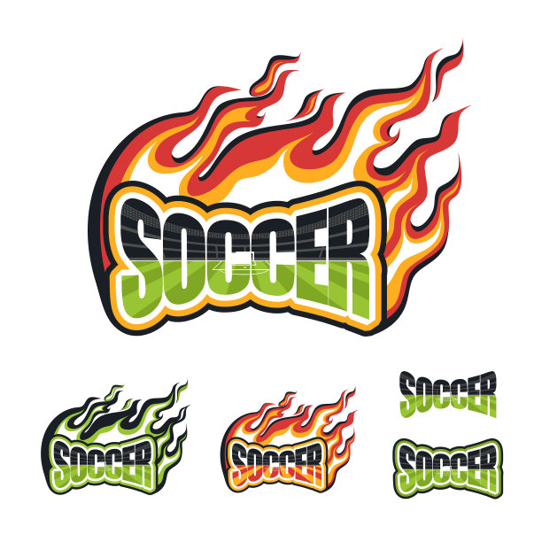 足球，题字有火焰，燃烧着。平的彩色图像图片下载