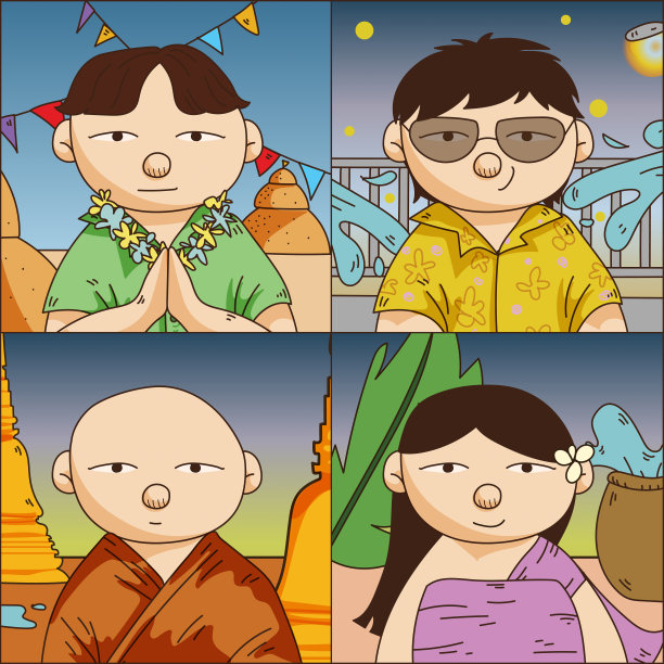 泰国新年，宋干节，人们和和尚站在寺庙的平面矢量插图图片下载