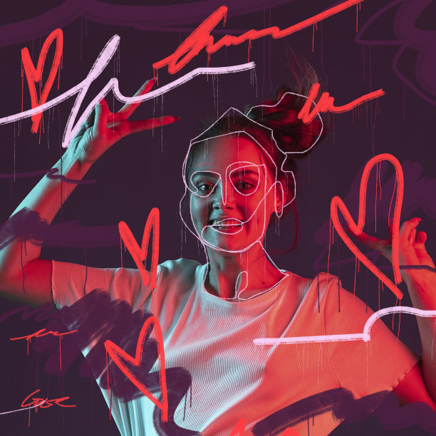 超现实主义。用抽象图形画的年轻女孩的肖像。当代艺术拼贴。新视野的美与时尚、情感、情怀。图片下载