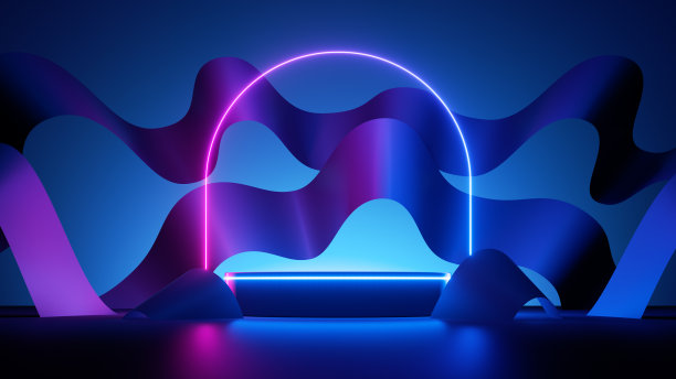 3d渲染，抽象的粉红色蓝色霓虹灯背景与时尚波浪丝带，发光的线拱和空的舞台。未来的展示台和产品展示平台图片下载