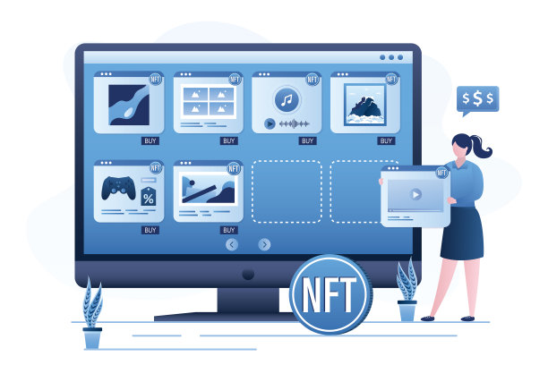 女商人在网上销售媒体内容。监视器，网络商店与各种艺术品，音乐和图片与不可替代的代币。出售NFT代币作为加密货币。图片下载