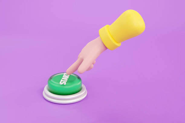 卡通手按红色按钮。系统控制图片下载