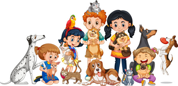 孩子们和他们的狗玩卡通风格图片下载
