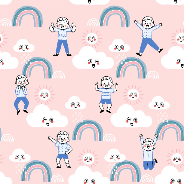 手绘无缝图案的男孩在各种动作中非常开心、兴奋、微笑图片下载