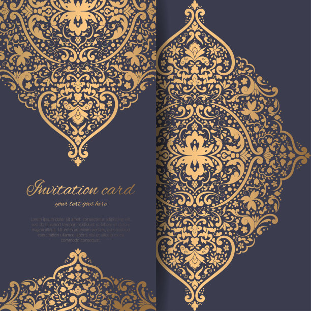 黑色的邀请卡设计与图案和装饰的金色元素。豪华向量模板。伟大的传单，菜单，小册子，明信片，背景，墙纸，装饰或任何理想的想法。图片下载