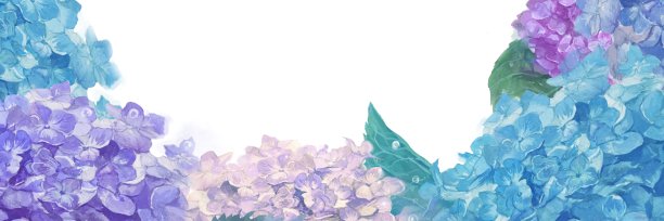 宽插图浅蓝色和紫色绣球花在蓝色的天空由水彩画图片下载