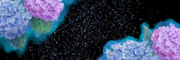 宽插图浅蓝色和紫色绣球花在蓝色的天空由水彩画图片下载