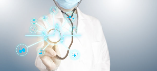 医生戴着灰色背景的口罩，手持听诊器、技术界面和3d渲染。图片下载