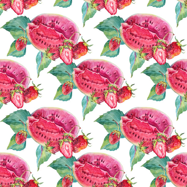 无缝图案夏季水彩切片西瓜和草莓与绿色的叶子在白色的背景。手工绘制的甜浆果厨房食品。菜单上的红色水果甜点。艺术的食谱图片下载