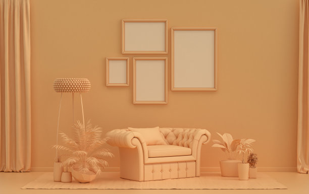室内以素净的单色橙粉色为主，墙上有4个框架与家具和植物，用于海报展示，画廊墙面。三维渲染图片下载