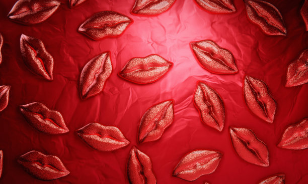 闪亮的红唇在充满活力的红色背景上。三维渲染图片下载
