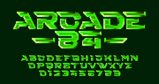 Arcade 84字母表字体。像素未来字母和数字。图片下载