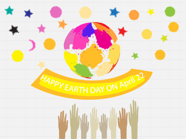 4月22日地球日快乐的复古矢量生态插画彩色水彩笔，星星，月亮或太阳拯救地球，并在节日庆祝，白色的纸背景图片下载