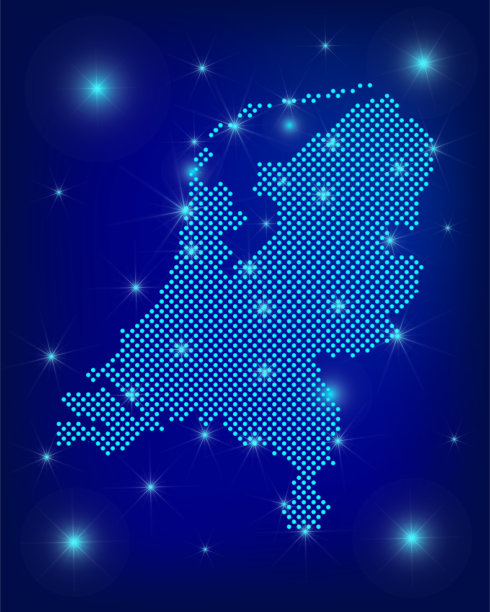 蓝色的荷兰地图。点地图。点荷兰地图与聚光灯在深蓝色的背景。全球社交网络。蓝色未来派背景与点地图。EPS10图片下载