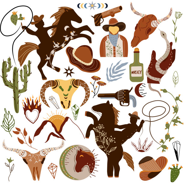 西大荒集合。野马，牛仔，水牛头骨，仙人掌，蛇，帽子，牛仔靴，树叶，枪，火。进一步的老西部。矢量插图。图片下载