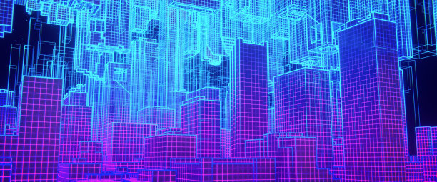 虚拟空间中的全息建筑。元世界或增强现实概念。三维渲染图片下载