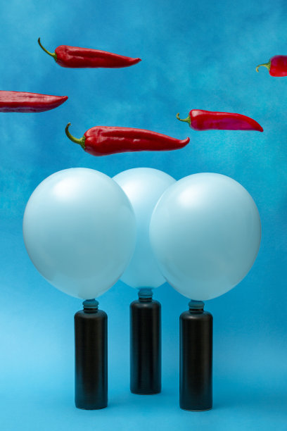 这是一幅静物画，气球被包裹在黑色的瓶子上，上面放着红辣椒图片下载
