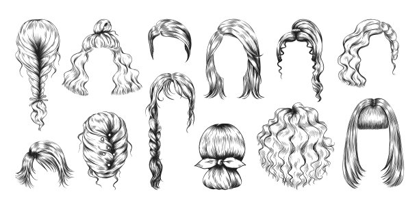 手绘理发。女性假发草图。女人的长发型和短发型。女孩美容院模特。发辫，马尾辫和发髻。矢量发型铅笔画孤立集图片下载
