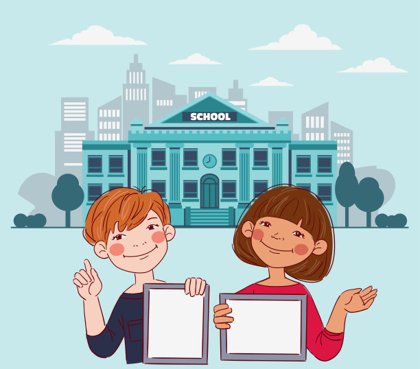 快乐的男孩女孩们展示着空白的平板电脑屏幕。可爱的孩子在用平板电脑。回到学校向量的概念图片下载