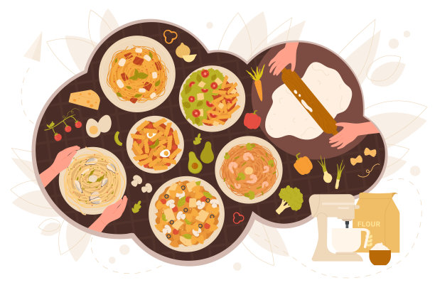 意大利面晚餐，意大利菜，俯视图的手烹饪和吃煮熟的意大利面图片下载