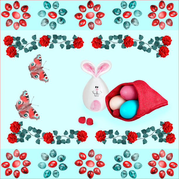 复活节的组成在红色和绿松石色调在一个正方形的背景。复活节的概念,无缝图片下载