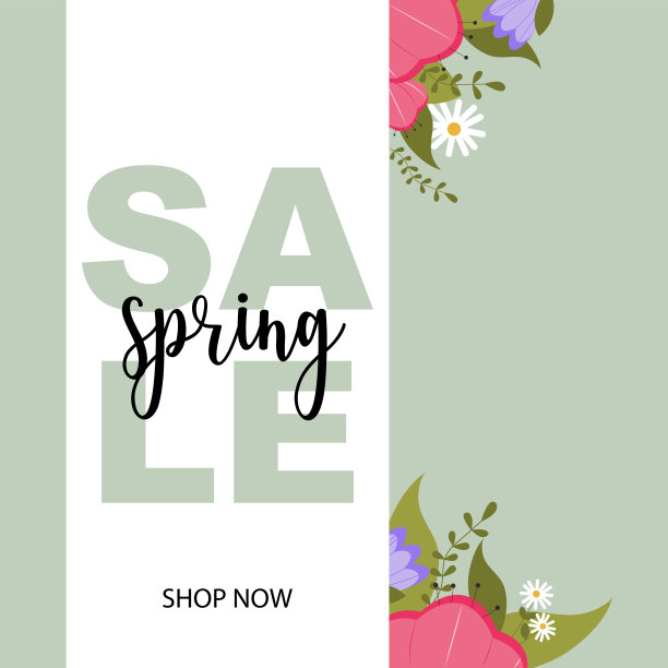 贴着粉红色和紫色花束的春季促销海报。图片下载