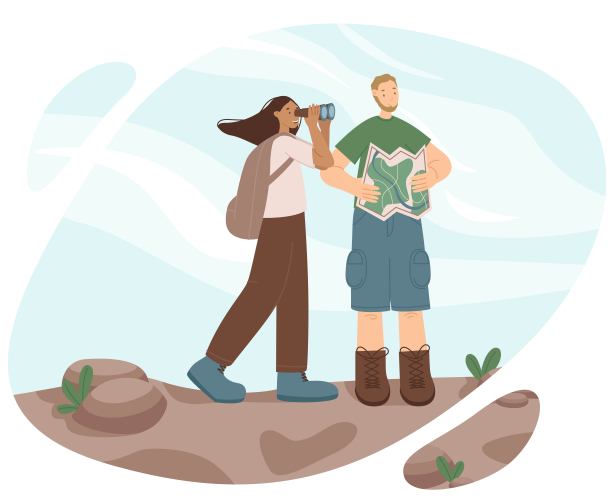 快乐的旅行者正在地图矢量图上寻找正确的方法。女孩用双筒望远镜看山。设计元素孤立在一个白色背景的网页横幅图片下载