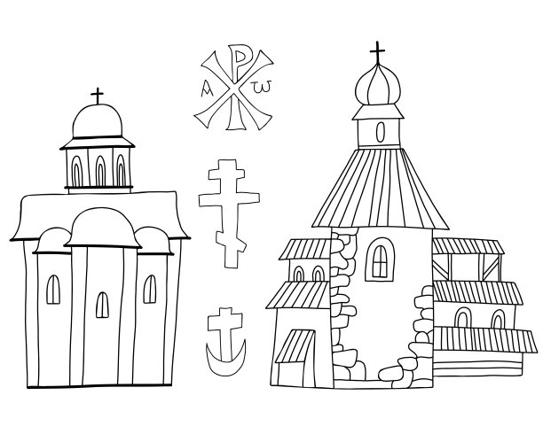 宗教的线性手绘收藏古代大教堂和寺庙，不同的十字架。矢量插图,大纲。为宗教和主题基督教和天主教设计和装饰图片下载