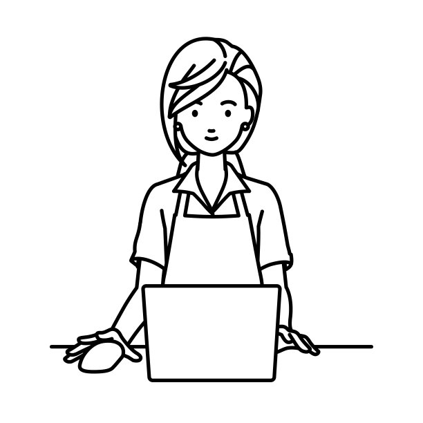 一位女士坐在咖啡馆的围裙上，在她的办公桌前使用笔记本电脑图片下载