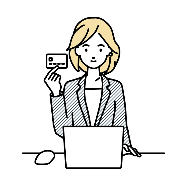 一名穿着职业装的女士在她的办公桌前使用笔记本电脑，手里拿着一张信用卡图片下载