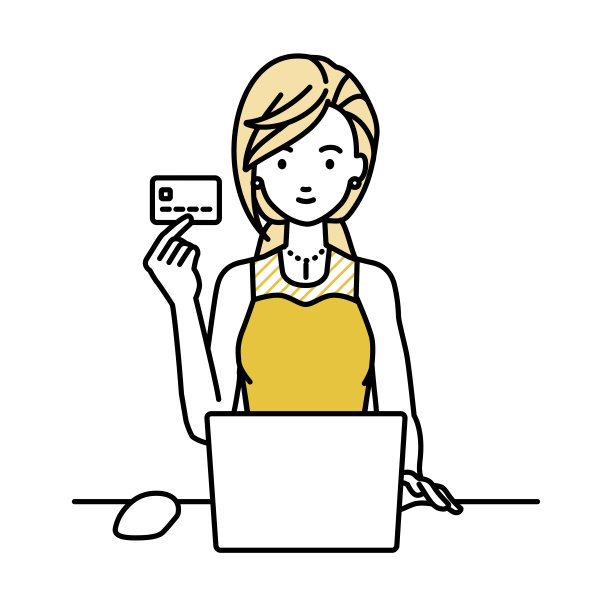 一个穿着裙子的女人在她的办公桌前使用笔记本电脑，手里拿着一张信用卡图片下载