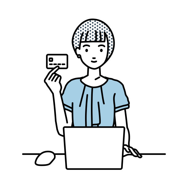 一个穿着随意工作风格的女人，在她的办公桌上使用笔记本电脑，手里拿着一张信用卡图片下载