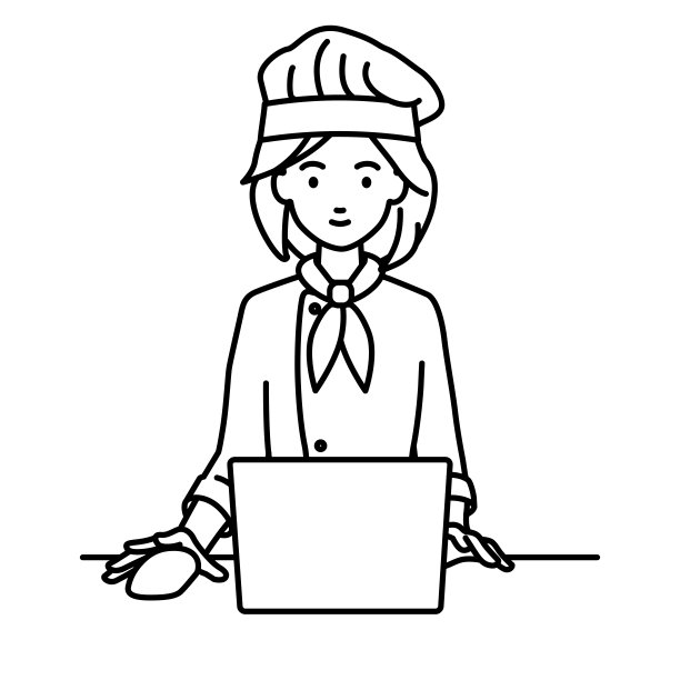 一位女厨师在她的桌子上使用笔记本电脑图片下载