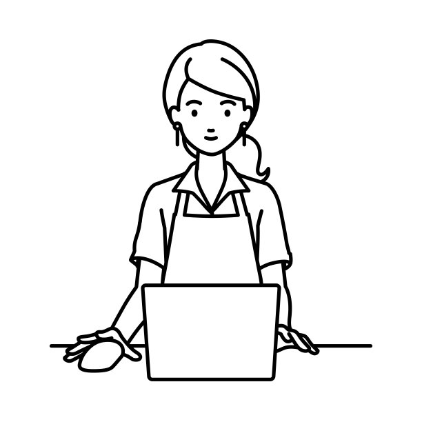 一位女士坐在咖啡馆的围裙上，在她的办公桌前使用笔记本电脑图片下载