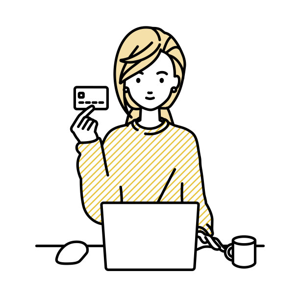 一个穿着休闲风格的女人，在她的办公桌前使用笔记本电脑，拿着一张带有马克杯的信用卡图片下载
