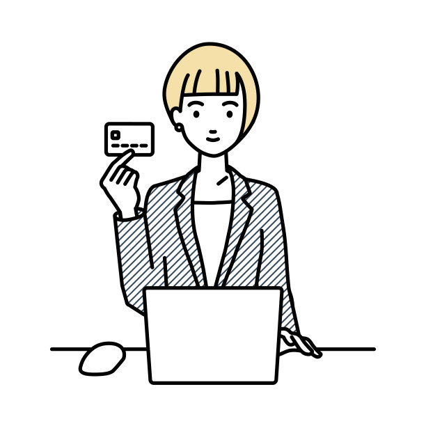 一名穿着职业装的女士在她的办公桌前使用笔记本电脑，手里拿着一张信用卡图片下载