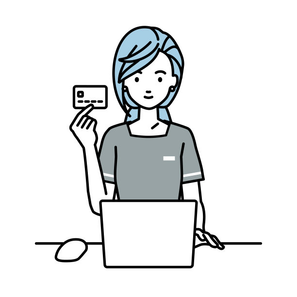 一个美容师，一个接待员，在她的桌子上用笔记本电脑，拿着一张信用卡图片下载