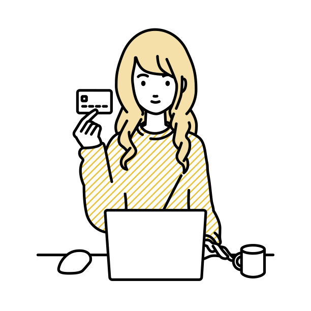 一个穿着休闲风格的女人，在她的办公桌前使用笔记本电脑，拿着一张带有马克杯的信用卡图片下载