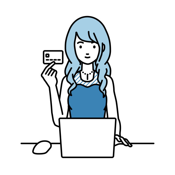 一个穿着裙子的女人在她的办公桌前使用笔记本电脑，手里拿着一张信用卡图片下载