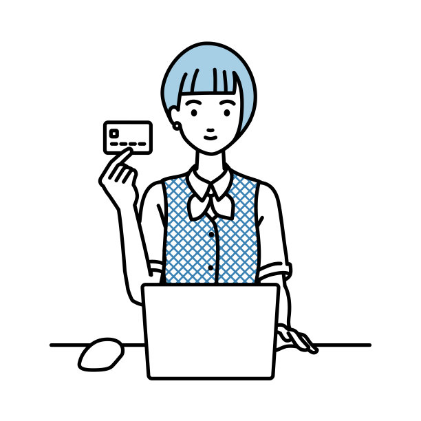 一名身着文书制服的女性在她的办公桌前使用笔记本电脑，手里拿着一张信用卡图片下载