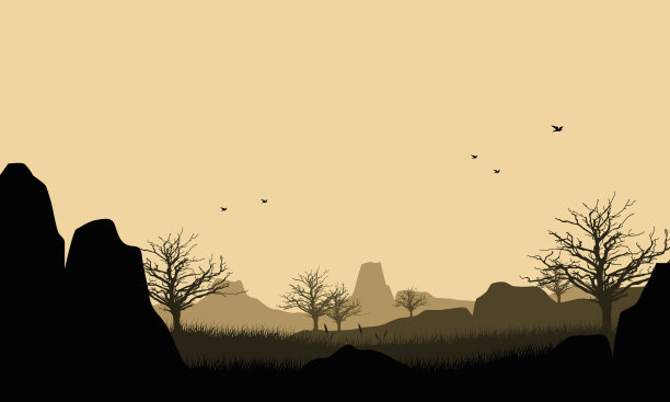 真正的山景，干燥的树木剪影从悬崖边缘图片下载