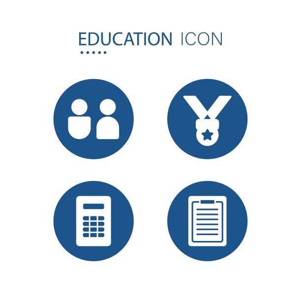 教育设备图标符号，蓝色圆形，如学生象形图、数学设备等图标。孤立的白色背景。矢量插图。图片下载