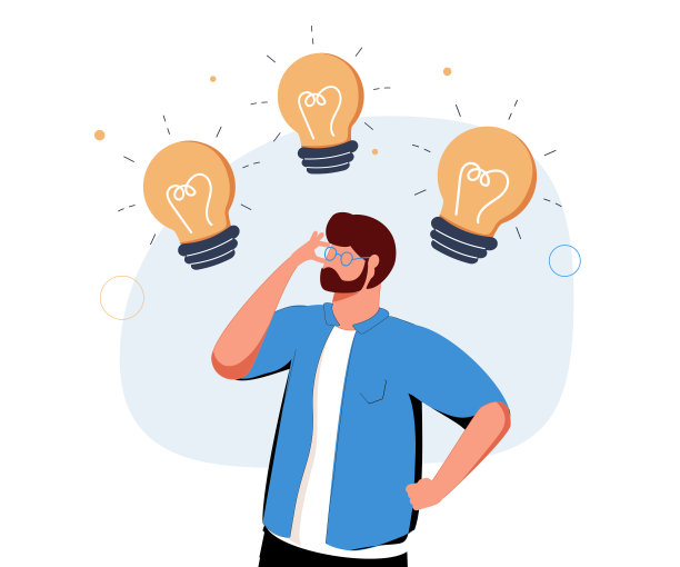 矢量商业插图的人与灯泡和手指指向在啊哈时刻孤立在白色背景上。图片下载