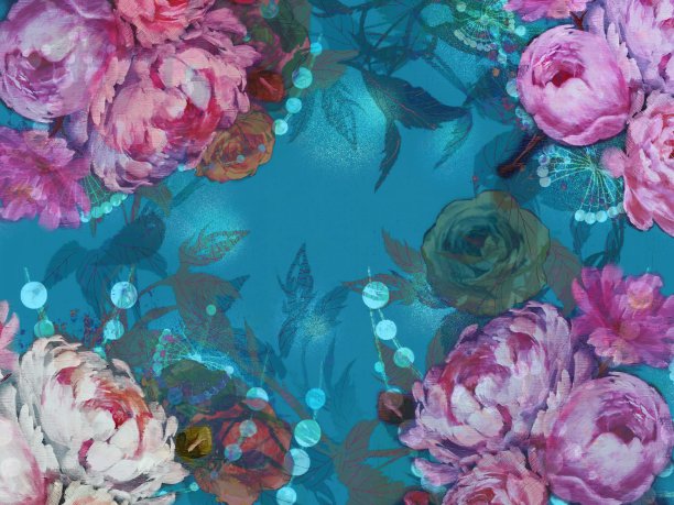 玫瑰，牡丹和珍珠母壁纸插图的植物花束图片下载