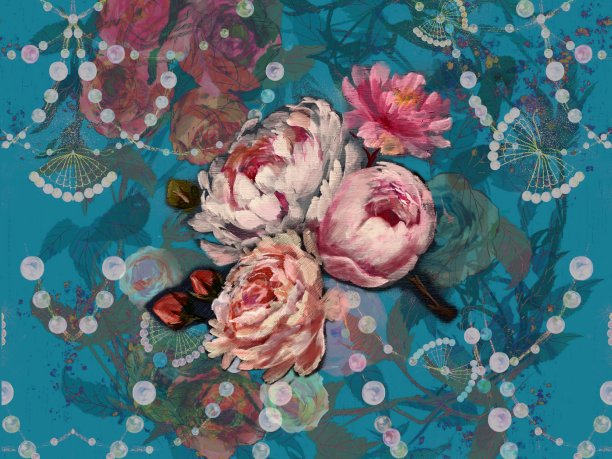 玫瑰，牡丹和珍珠母壁纸插图的植物花束图片下载