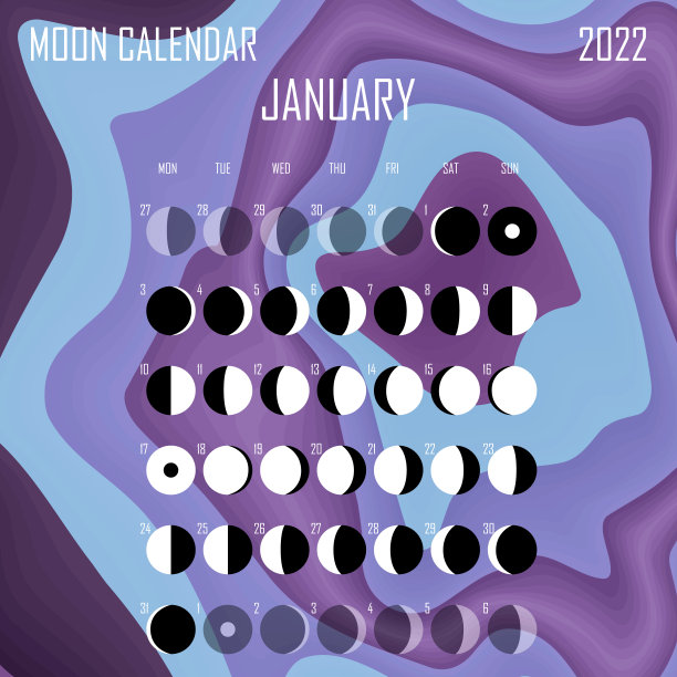 2022年1月月历。占星日历的设计。计划。贴纸的地方。月周期计划模型。孤立的液体颜色背景。图片下载