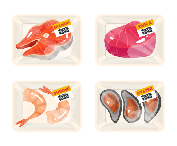 海鲜鱼片肉包装在塑料托盘中隔离设置。矢量平面平面设计卡通插图图片下载