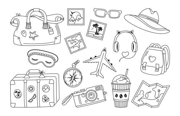 旅行度假旅行涂鸦线集轮廓时尚日记记忆剪贴簿夏天矢量图片下载